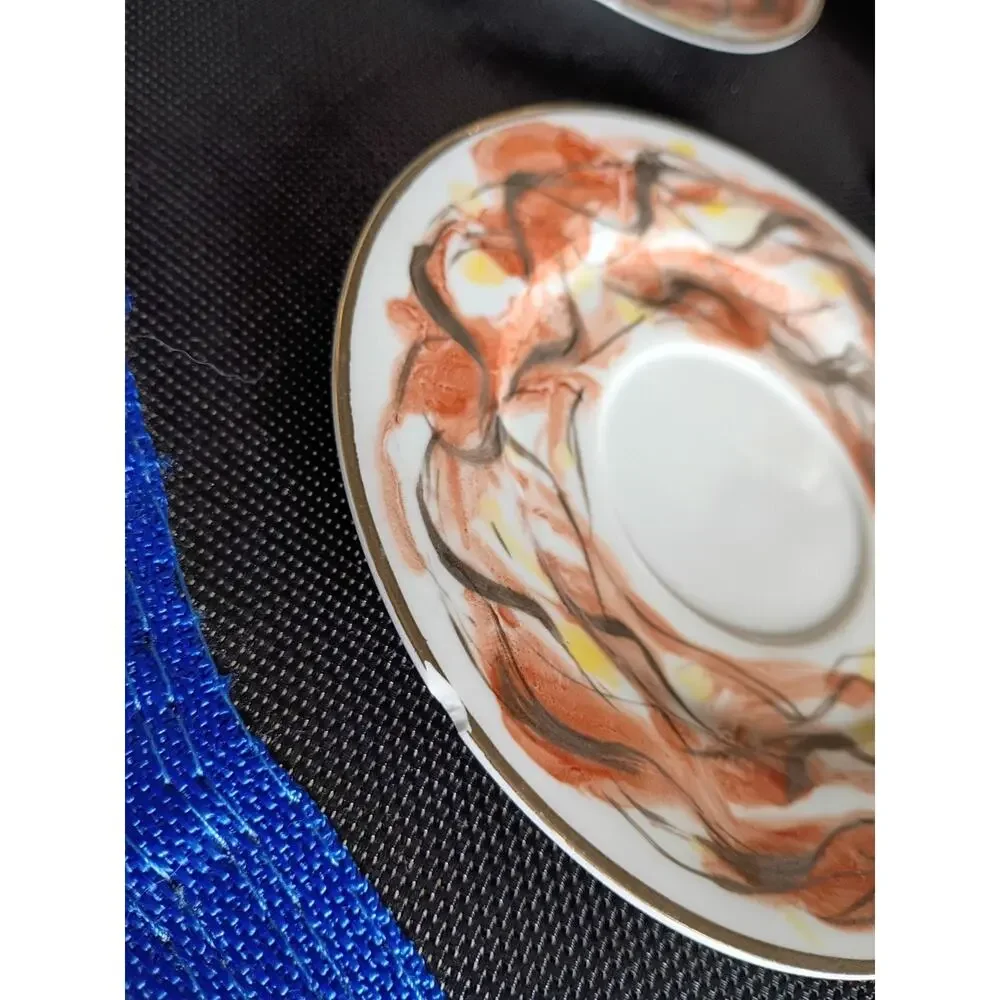 Vintage Włocławek Poland 17 Pc Porcelain Tea Coffee Set Abstract Flame Gold Trim
